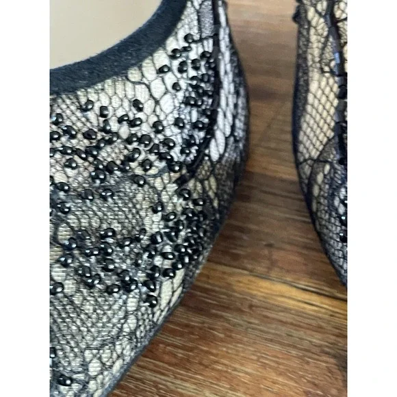 Vero Curio Heels Shoes Black Lace Floral Beaded High 4.5" Womens 10M Rhinestone - Picture 7 of 14